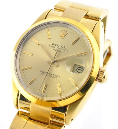 1986 Rolex Oyster Perpetual Date gold-plated watch with original quickset feature, bracelet, case, dial, and clean caliber 3035 movement.