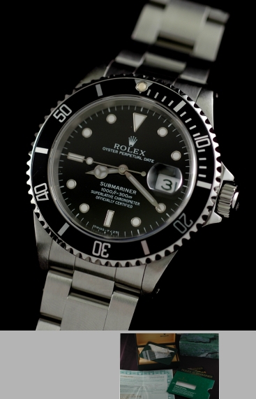 1995 Rolex Oyster Perpetual Date Submariner stainless steel watch with original crystal, crown, box, papers, bracelet, and glossy dial.