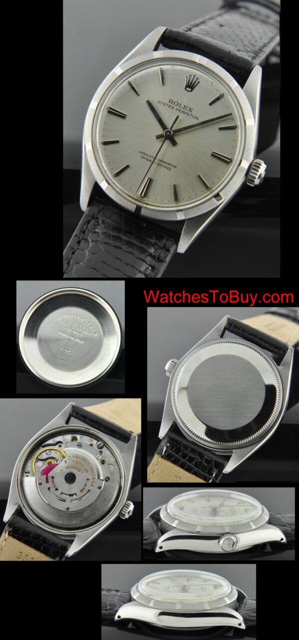 1966 Rolex Oyster Perpetual stainless steel watch with original engine-turned bezel, case, silver dial, baton hands, and automatic movement.
