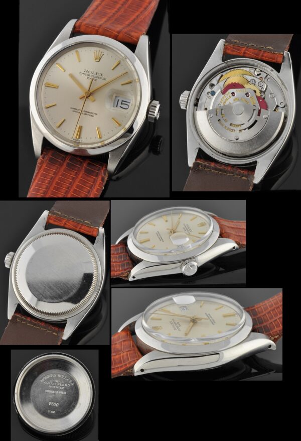 1966 Rolex Oyster Perpetual Date stainless steel watch with original silver-toned dial, gold baton markers, hands, and automatic movement.