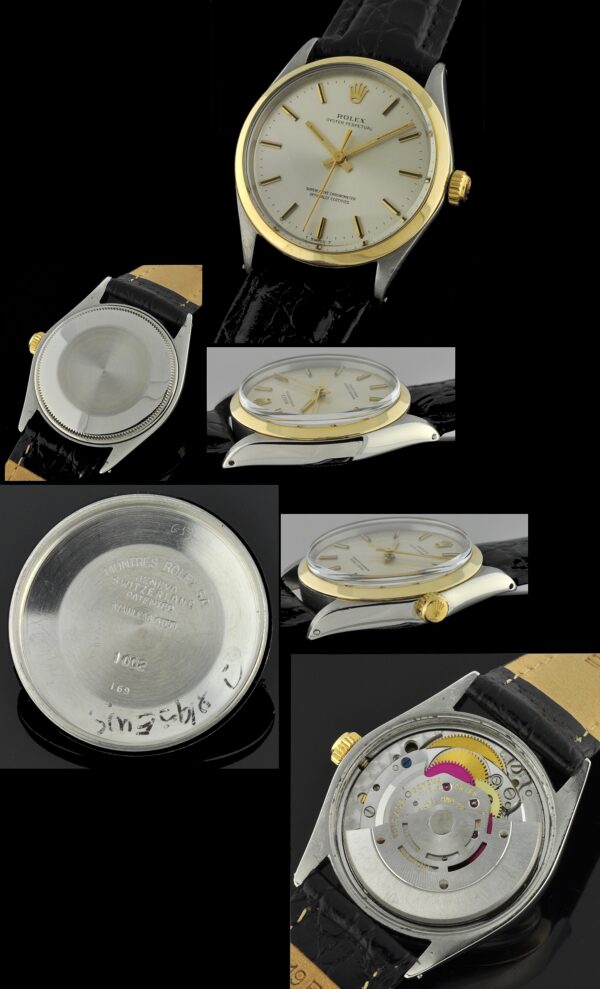 1969 Rolex Oyster Perpetual stainless steel watch with original gold bezel, winding crown, silver dial, and caliber 1570 automatic movement.
