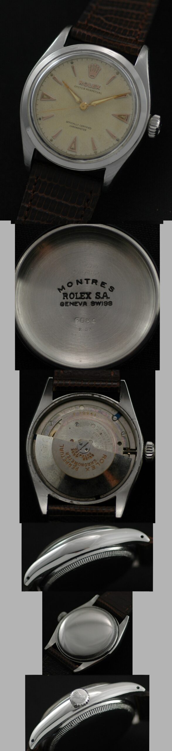 1953 Rolex Oyster Perpetual stainless steel watch with original Brevet winding crown, dial, case, and cleaned semi-bubbleback movement.