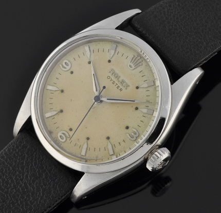 1955 Rolex Oyster stainless steel watch with original Explorer dial, Dauphine hands, case, sweep seconds, and clean manual winding movement.