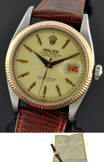 1958 Rolex Oyster Perpetual Datejust stainless steel watch with original rose-gold bezel, timing certificate, and clean automatic movement.