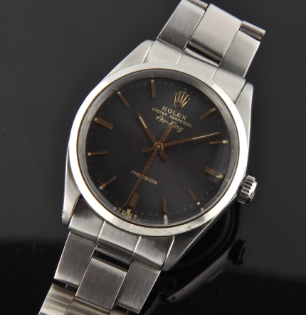 1965 Rolex Oyster Perpetual Air-King Precision stainless steel watch with original dial, baton hands, bracelet, and caliber 1530 movement.