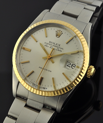 1986 Rolex Oyster Perpetual Air-King-Date Precision stainless steel watch with original gold fluted bezel, and cleaned automatic movement.