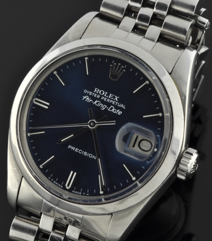 1979 Rolex Oyster Perpetual Air-King-Date Precision stainless steel watch with original blue dial, case, and cleaned caliber 1520 movement.