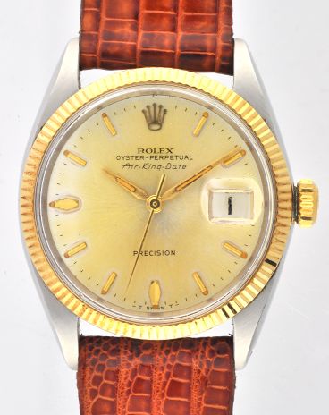 1965 Rolex Oyster Perpetual Air-King-Date Precision stainless steel watch with original gold bezel, and overhauled caliber 1520 movement.