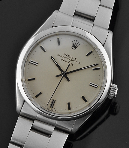 1977 Rolex Oyster Perpetual Air-King stainless steel watch with original silver dial, baton markers, hands, case, and ref. 78350 bracelet.