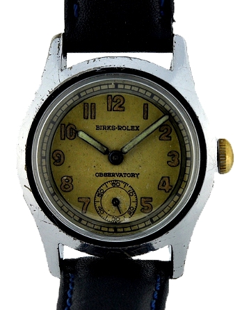 1941 Rolex Observatory rhodium and stainless steel Birks watch with original dial, sub-seconds, pencil hands, and clean, accurate movement.