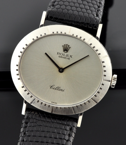 1981 Rolex Geneve Cellini 18k white-gold watch with original case, graduated bezel, winding crown, dial, and clean manual winding movement.