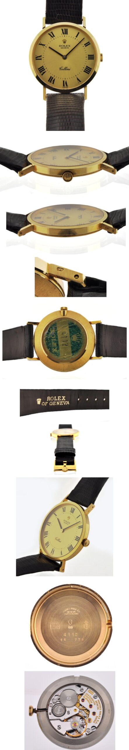 1980s Rolex Geneve Cellini 18k gold watch with original Roman-numeral dial, case, winding crown, buckle, and clean manual winding movement.