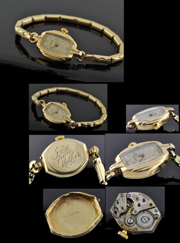 1940s Rolex 10k solid-gold ladies cocktail watch with original gold-filled stretch bracelet, decorative lugs, and manual winding movement.