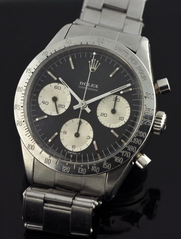 1964 Rolex Cosmograph stainless steel chronograph watch with original bracelet, black dial, bezel, handset, and clean Valjoux 72B movement.