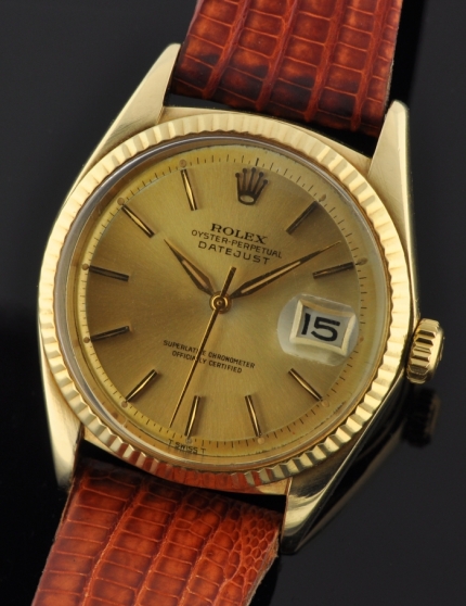 1964 Rolex Oyster Perpetual Datejust 14k gold watch with original case, bezel, pie-pan dial, back inscription, and clean automatic movement.