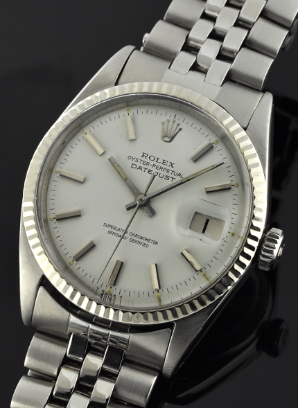 1967 Rolex Oyster-Perpetual Datejust stainless steel watch with original Jubilee bracelet, white-gold bezel, and caliber 1570 movement.