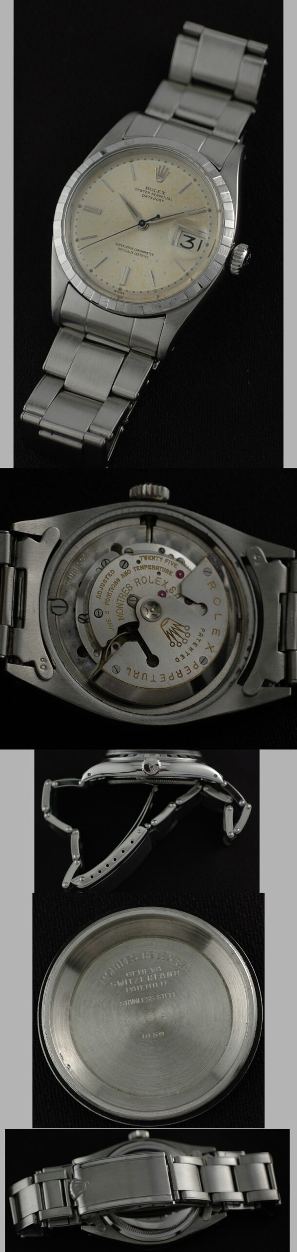 1959 Rolex Oyster Perpetual Datejust stainless steel watch with original crenelated bezel, riveted bracelet, and caliber 1066 movement.