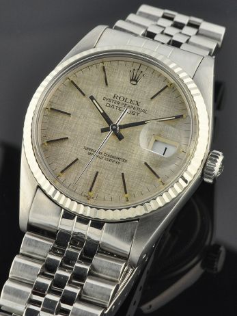 1979 Rolex Oyster Perpetual Datejust stainless steel watch with original tapestry dial, quickset date feature, and caliber 3035 movement.