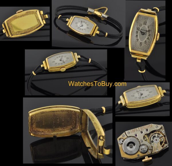 1940s Rolex gold-filled ladies cocktail watch with original restored art-deco dial, case, handcarved sides, and manual winding movement.