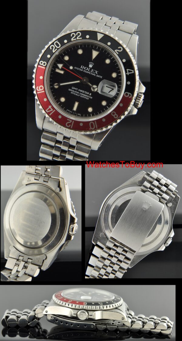 1988 Rolex Oyster Perpetual Date GMT-Master II stainless steel watch with original coke bezel, dial, handset, and overhauled movement.