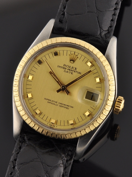 1978 Rolex Oyster Perpetual Date stainless steel watch with original gold bezel, baton hands, markers, dial, and cleaned automatic movement.