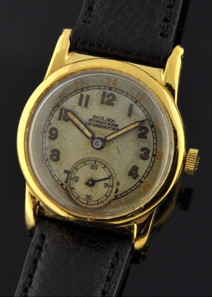 1941 Rolex Hurricane Observatory gold-filled WW2-era watch with original case, winding crown, 24-hour register, and manual winding movement.