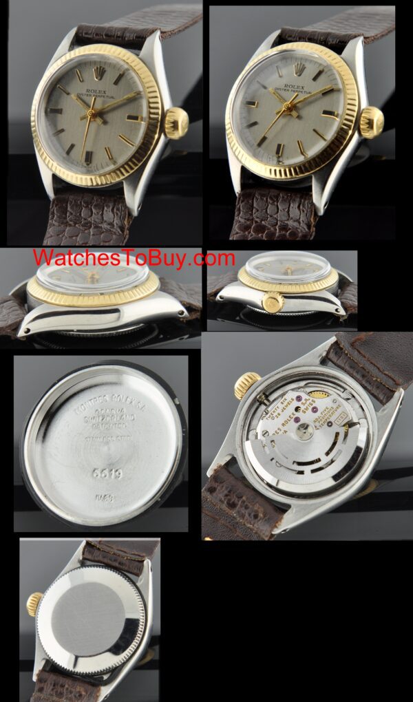 1968 Rolex Oyster Perpetual stainless steel and gold watch with original silver dial, markers, hands, winding crown, and automatic movement.