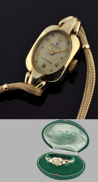 1947 Rolex Precision 9k gold cocktail watch with original deep hallmark, serial number, crown insignia, case, box, and manual movement.
