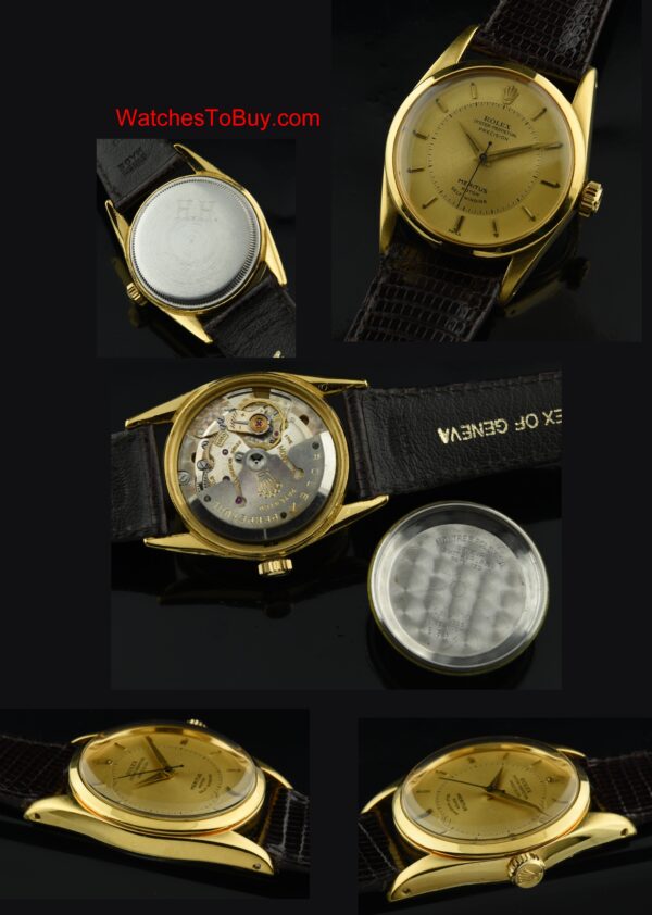 1956 Rolex Oyster-Perpetual Precision Meritus gold-plated watch with original case, lugs, winding crown, hands, and caliber 1030 movement.