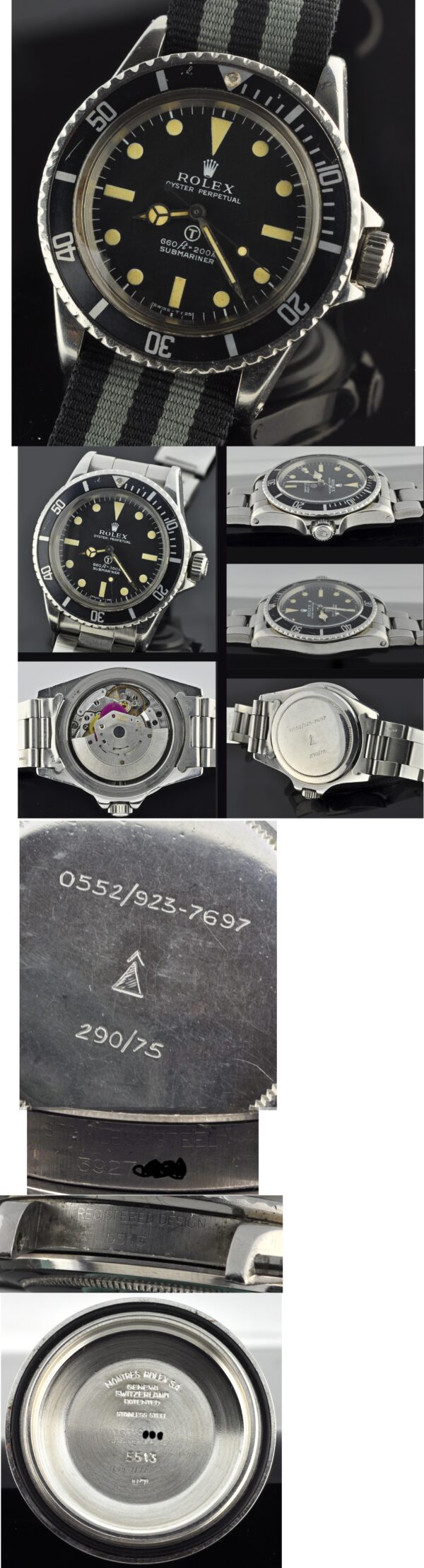 1973 Rolex Oyster Perpetual Submariner Milsub stainless steel watch with original case, T dial, markings, hands, NATO strap, and fixed lugs.