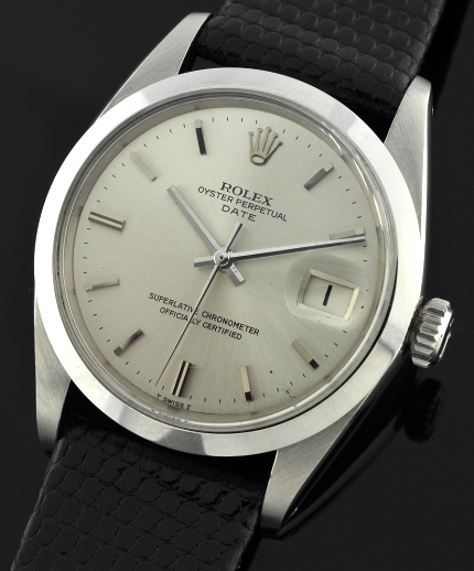 1968 Rolex Oyster Perpetual Date stainless steel watch with original pristine dial, baton hands, markers, and cleaned caliber 1570 movement.