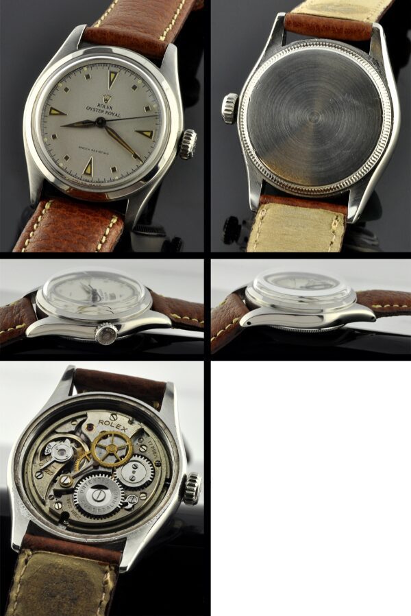 1950s Rolex Oyster Royal stainless steel watch with original non-screw-down winding crown, small case, hands, and manual winding movement.