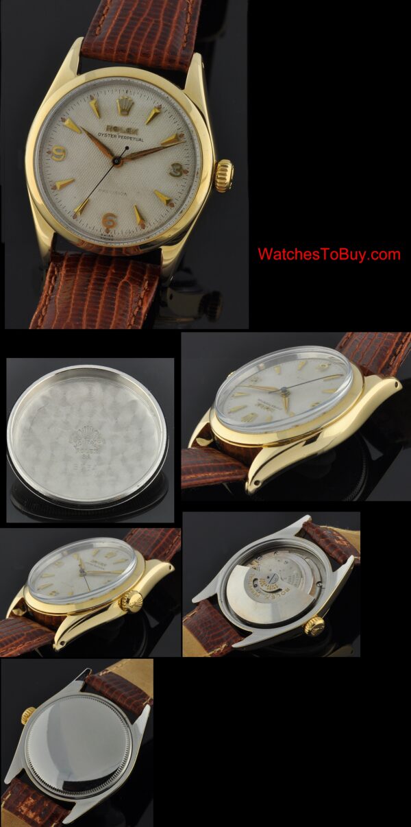 1952 Rolex Oyster Perpetual Date gold-plated watch with original case, cross-style winding crown, honeycomb dial, and automatic movement.