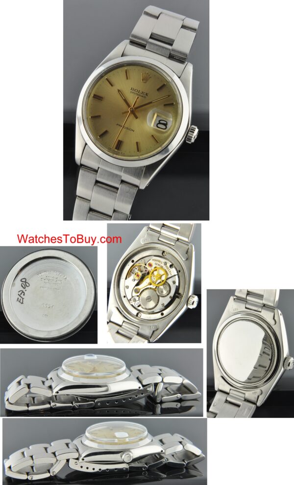 1971 Rolex Oysterdate Precision stainless steel watch with original gold dial, baton hands, markers, case, and manual winding movement.
