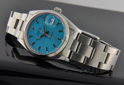 1977 Rolex Oysterdate Precision stainless steel watch with original restored aqua dial, hands, Oyster bracelet, and clean manual movement.