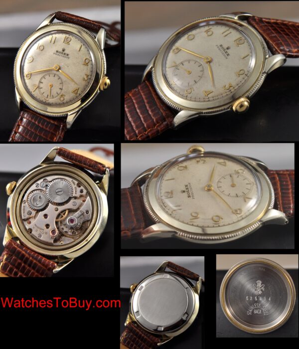 1947 Rolex Precision gold-plated watch with original case, reeded edge, generic winding crown, Arabic numerals, and manual winding movement.
