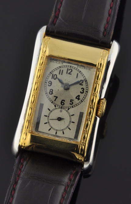 1930s Rolex Prince rhodium-plated watch with original bowtie dial, Brancard case, Arabic numerals, hands, and cleaned Aegler movement.