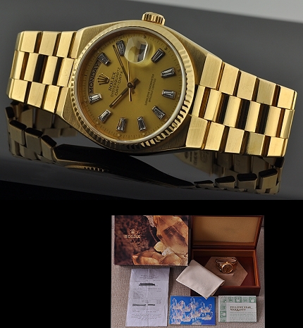 Rolex Oysterquartz Day-Date President 18k gold watch with original dial, baguette-style diamonds, inner/outer box, and quartz movement.