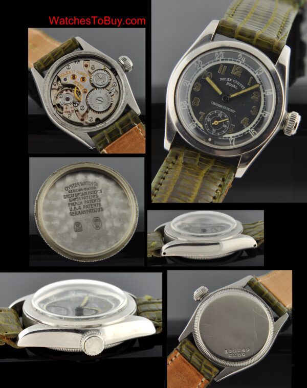 1941 Rolex Oyster Royal Observatory stainless steel watch with original grey dial, pencil hands, large winding crown, and manual movement.