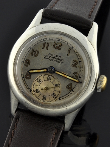 1942 Rolex Sky-Rocket shockproof WW2 sterling-silver pilot's watch with original dial, pencil hands, winding crown, and manual movement.