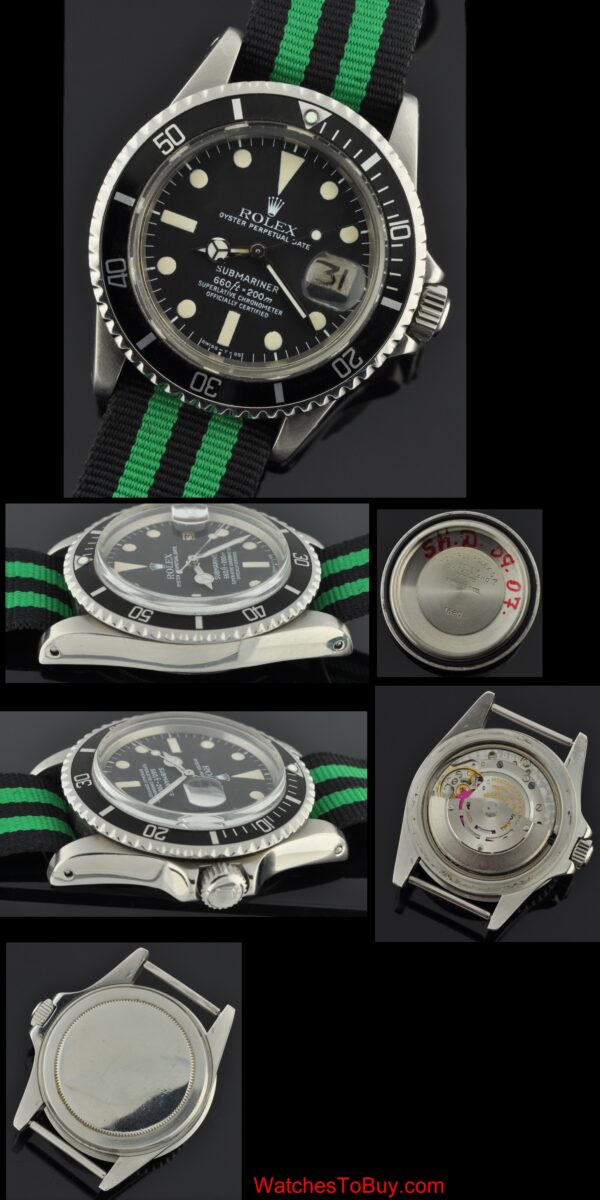 1977 Rolex Oyster Perpetual Date Submariner stainless steel watch with original matte-black dial, markers, hands, bezel, and clean movement.