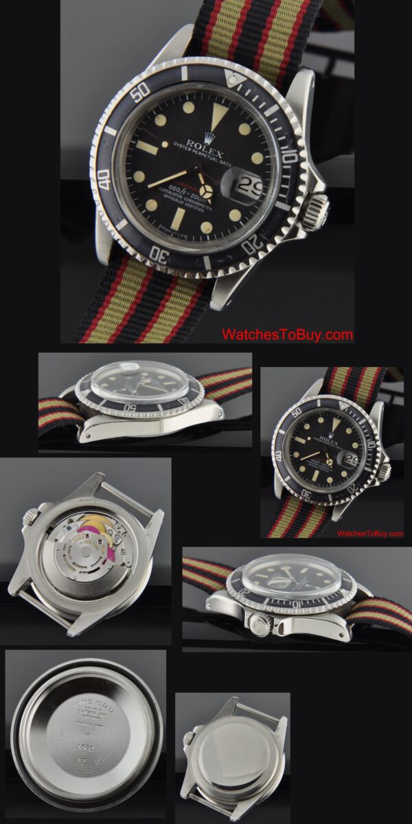 1971 Rolex Oyster Perpetual Submariner stainless steel watch with original red lettering, Mark V dial, bezel, and clean automatic movement.