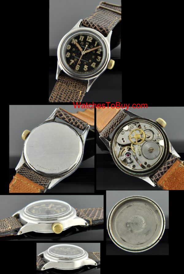 Rolex Victory stainless steel WW2 pilot's watch with original ID case, restored silver dial, pencil hands, and manual winding movement.