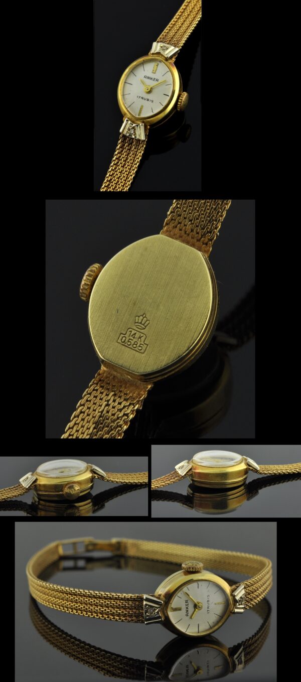 1960s Anker 14k solid-gold watch with original mesh bracelet, case, white-gold accented lugs, diamonds, and cleaned manual winding movement.