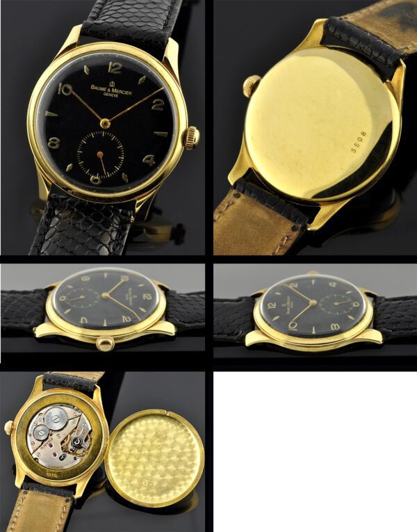 1950s Baume & Mercier 18k yellow-gold watch with original restored black dial, Arabic numerals, needle hands, large sub-seconds, and case.