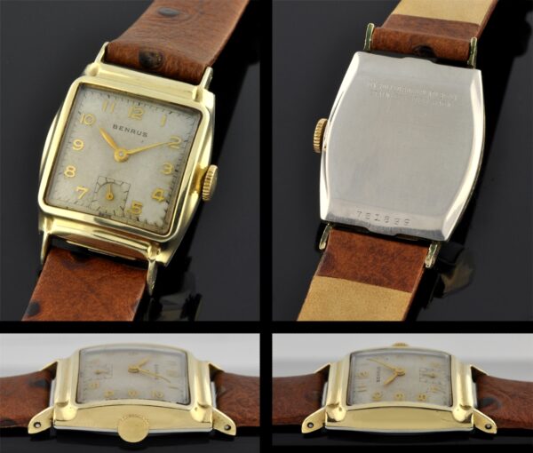 1950s Benrus stainless steel watch with original aged dial, raised gold Arabic numerals, and cleaned, accurate manual winding movement.