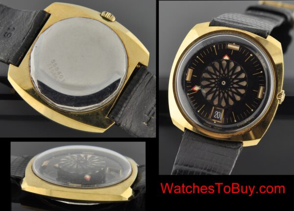 1960s Borel gold-plated cocktail watch with original cushion-shaped case, screw back, inner rotating disc, and automatic winding movement.