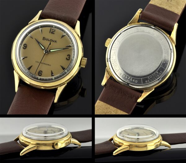 1961 Bulova gold-filled self-winding watch with original two-tone dial, Dauphine hands, scalloped case, and automatic winding movement.