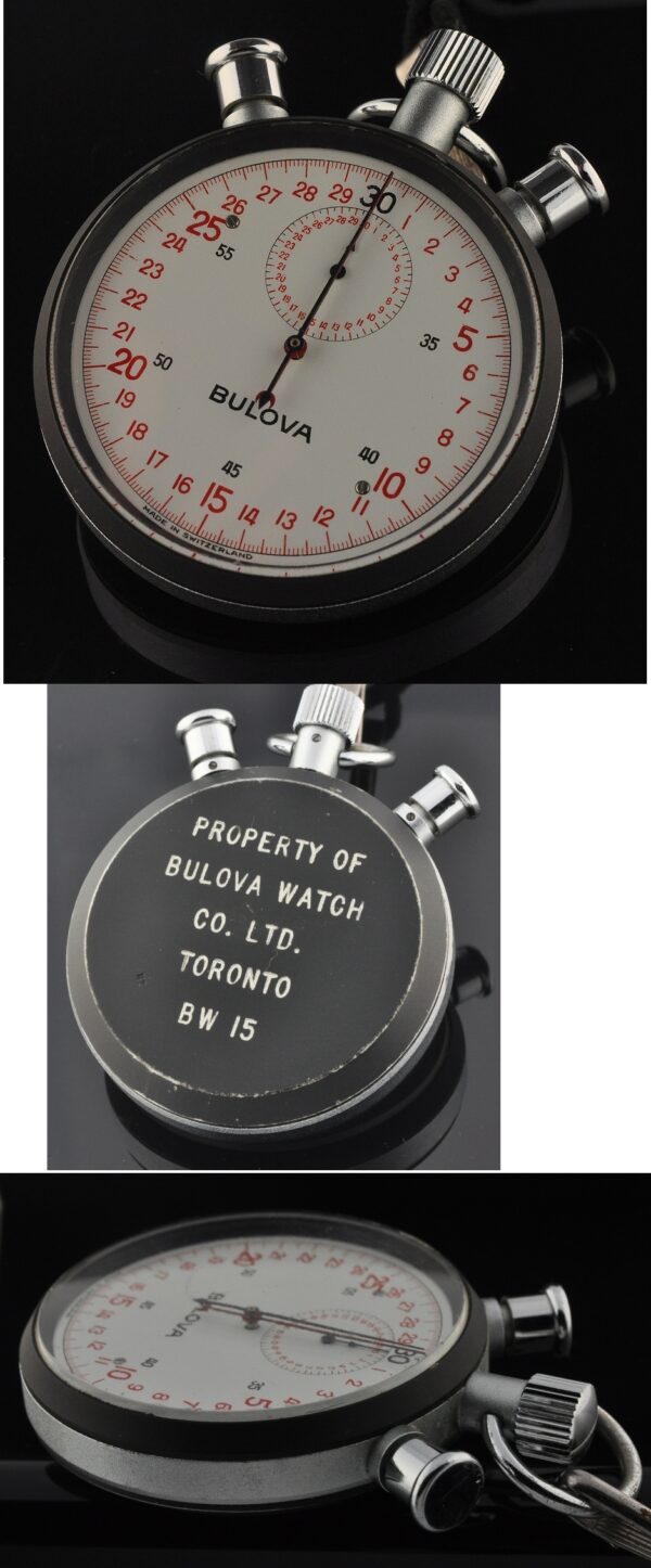 1972 Bulova stainless steel stopwatch with original red and black hand, lanyard, unmarked plastic box, anodized case, and easy-to-read dial.