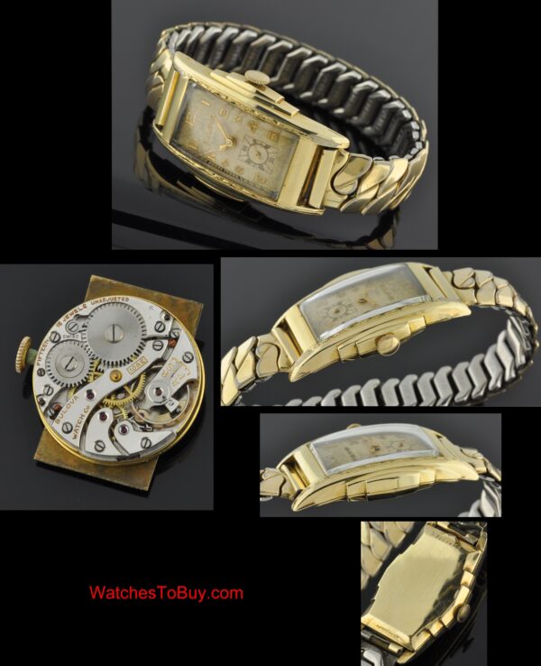 1940s Bulova gold-filled watch with original art-deco designs, stepped bezel, filigree carving, case, stretch bracelet, and manual movement.